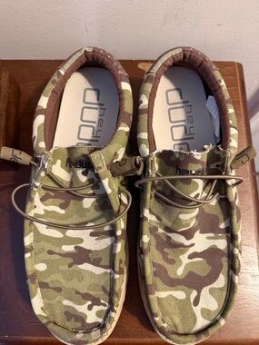 Hey Dude Men's Camo Slip-On Loafers in Olive Green & Brown